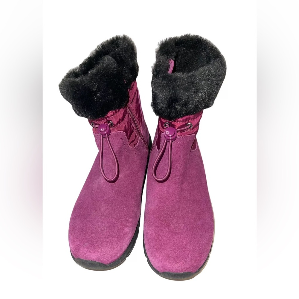 Lands End Women's Ankle Booties Size 7 B  Purple Suede and Nylon Faux Fur Trim